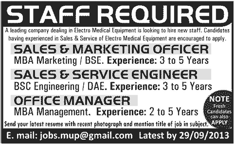 Sales & Marketing Officer, Sales & Service Engineer & Office Manager Jobs in Pakistan 2013 September