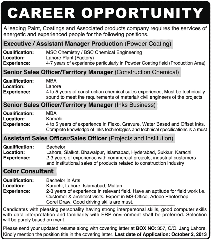 Production / Sales Managers, Sales Officers & Color Consultant Jobs in Pakistan 2013 September Paint Industry