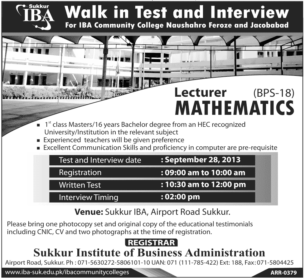 Mathematics Lecturer Jobs at IBA Community College Naushero Feroze and Jacobabad 2013 September