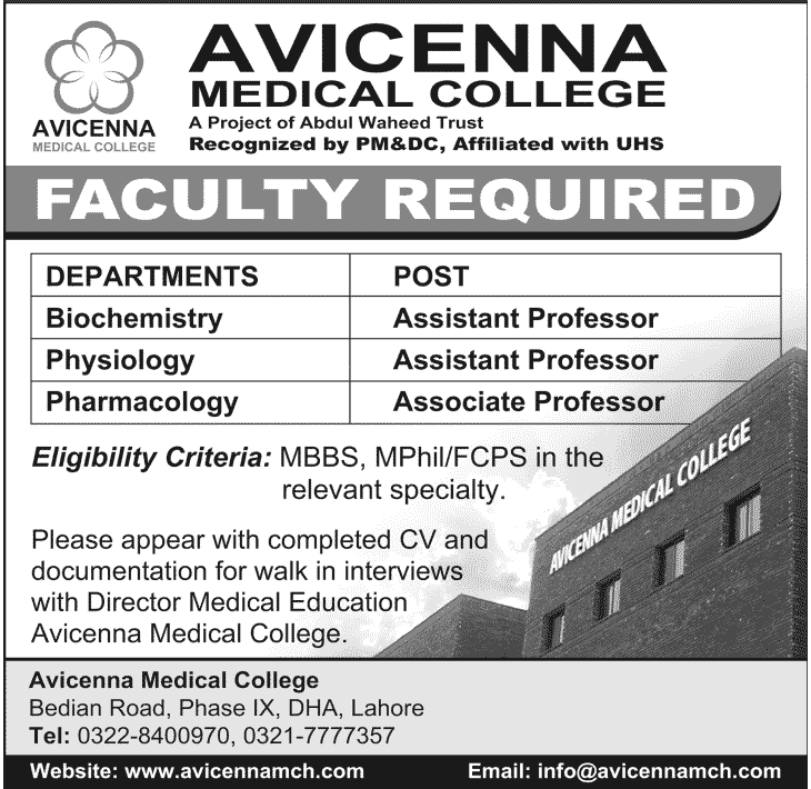 Avicenna Medical College Lahore Jobs 2013 September for Associate & Assistant Professors