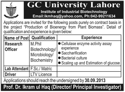 GC University Lahore Jobs 2013 September for Research Officer, Lab Attendant & Driver