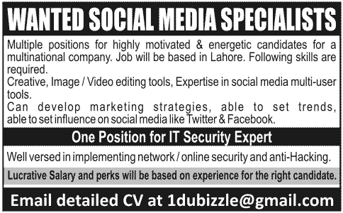 IT Security Expert & Social Media Specialists Jobs in Lahore 2013 September for a Multinational Company