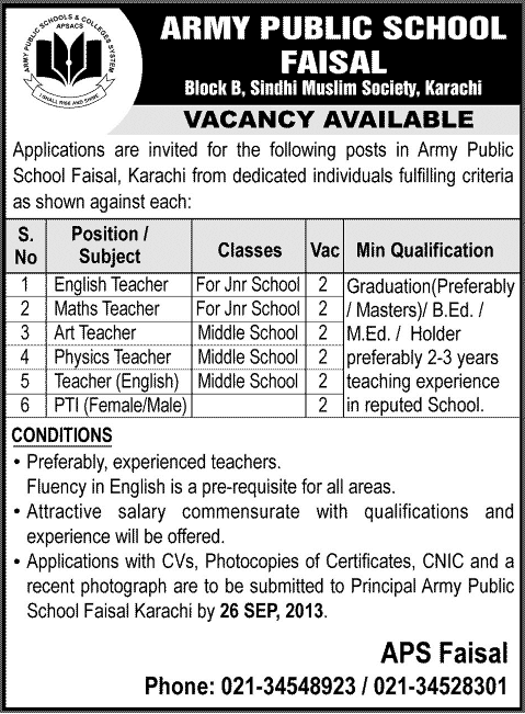 Army Public School Faisal Karachi Jobs 2013 September for Teachers and Physical Training Instructor