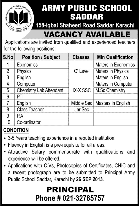 Teaching & Administrative Staff Jobs in Karachi 2013 September at Army Public School Saddar