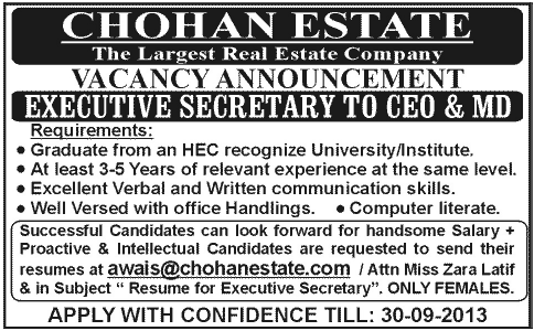 Female Executive Secretary Jobs in Pakistan 2013 September at Chohan Estate