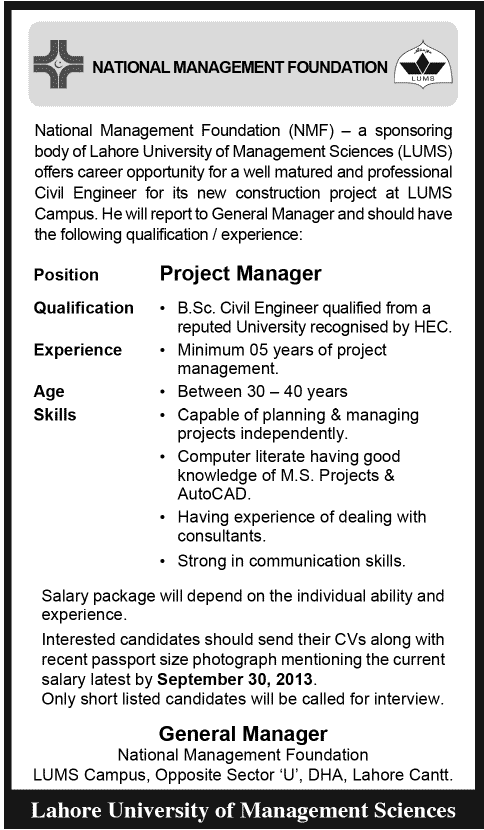 Project Manager Jobs in Lahore 2013 September NMF - Lahore University of Management Sciences (LUMS)