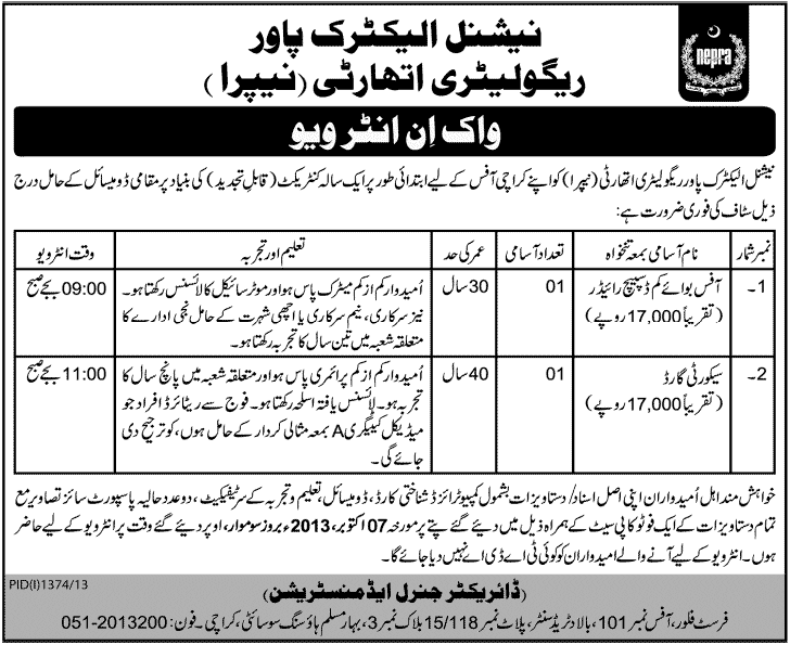 National Electric Power Regulatory Authority (NEPRA) Jobs October 2013 in Karachi Office