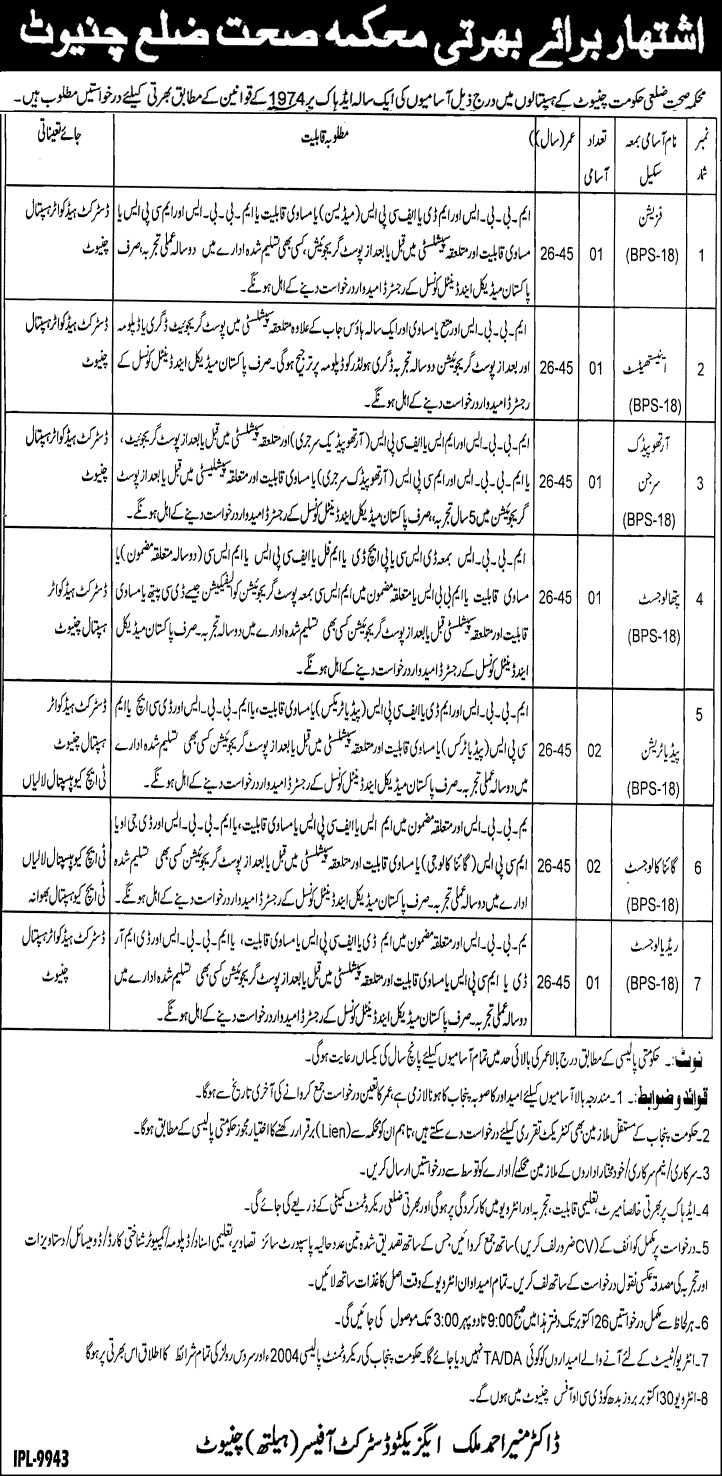 Health Department Chiniot Jobs 2013 October Specialist Doctors at DHQ / THQ Hospitals