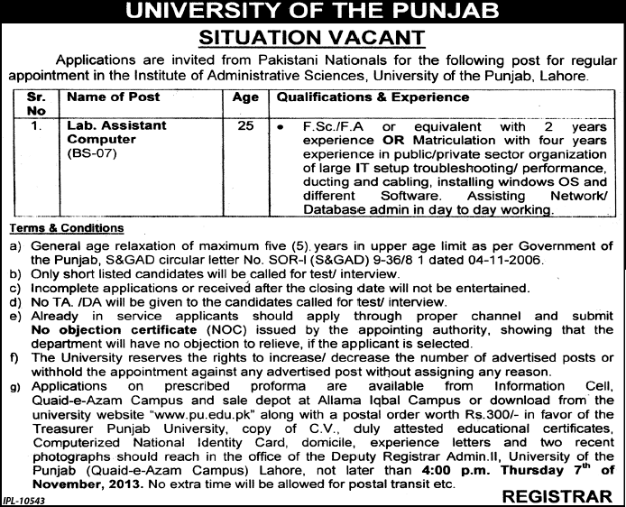 Computer Lab Assistant Jobs in Lahore 2013 October at Punjab University