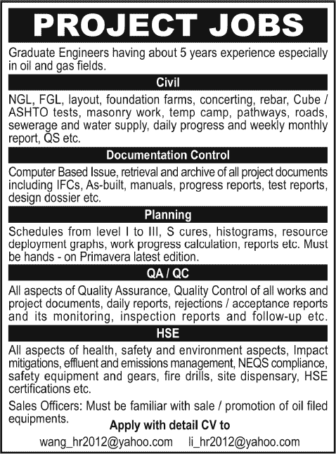 Oil and Gas Jobs in Pakistan October 2013 Latest Civil, Planning, QA/QC, HSE, Sales & Documentation Control