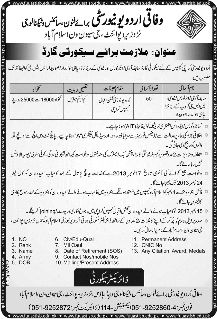 Federal Urdu University Karachi Jobs Security Guards 2013 November Latest Ad