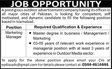 Marketing Manager Jobs in Islamabad 2013 November Latest at an Outdoor Advertising Company
