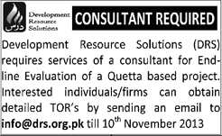 Development Resource Solutions (DRS) Quetta Jobs 2013 Consultant for End-line Evaluation of a Project