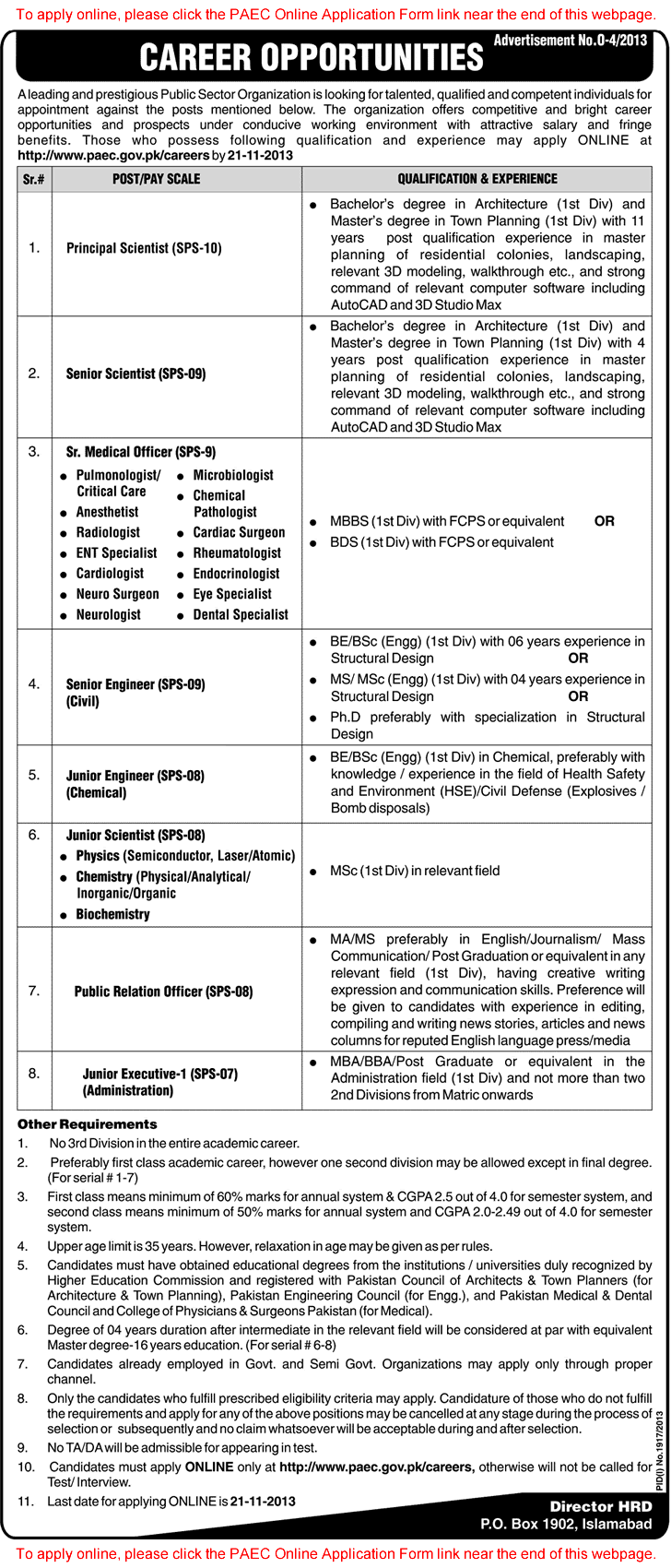 http www.PAEC.gov.pk careers Jobs Online Application Form 2013 November