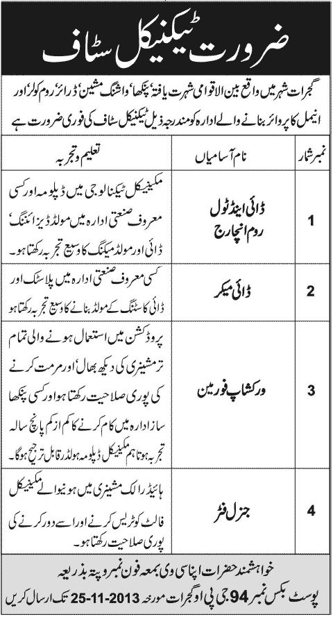 PO Box 94 GPO Gujrat Jobs 2013 November Dye Maker / Incharge, Workshop Foreman & General Fitter