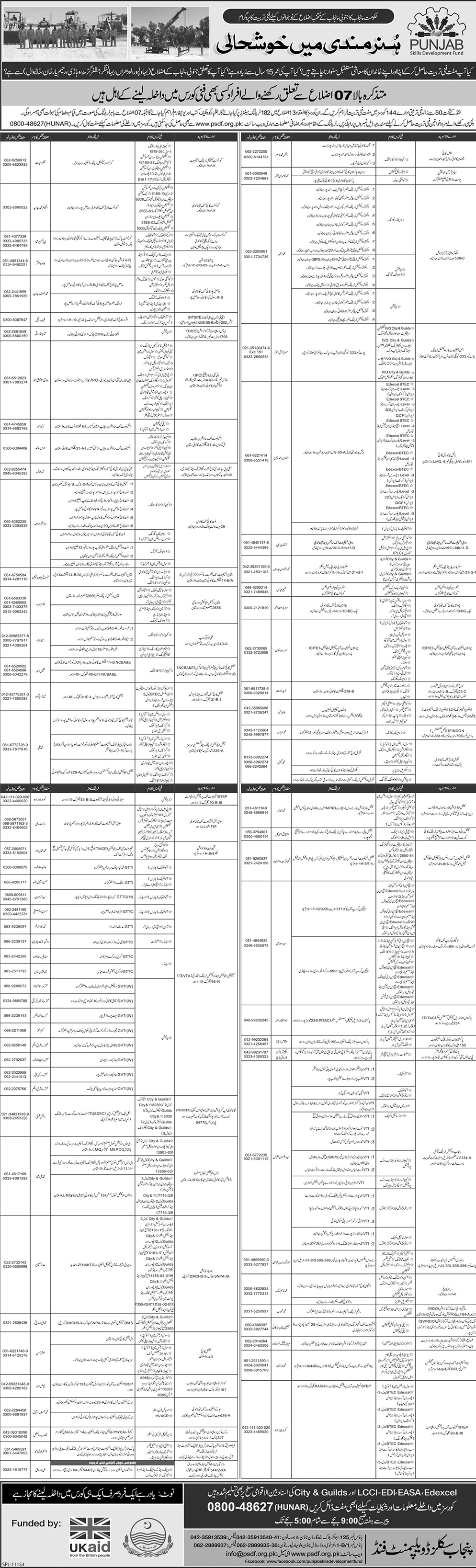 PSDF Free Technical Courses 2013 November Latest Advertisement by Punjab Skills Development Fund