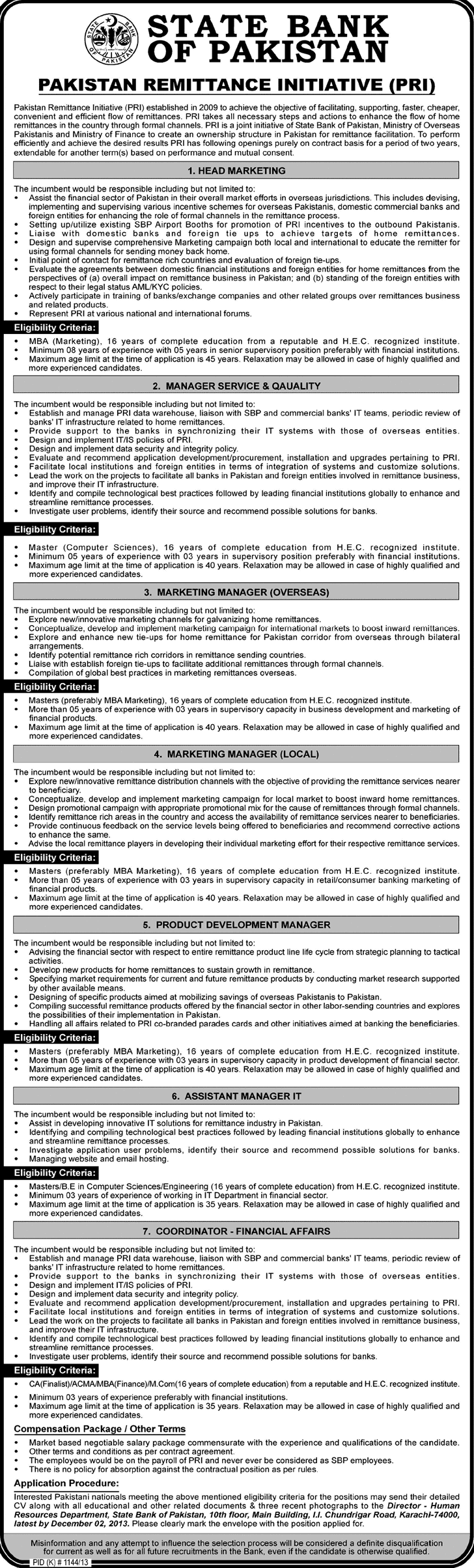 State Bank of Pakistan Jobs November 2013 Pakistan Remittance Initiative (PRI)