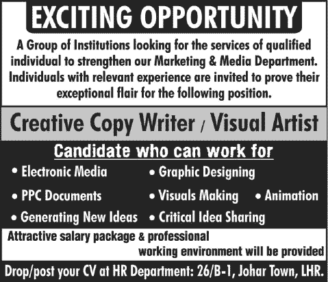 Creative Copy Writer / Visual Artist Jobs in Lahore 2013 November Latest