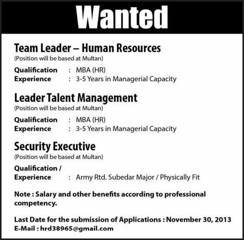 Security Executive & HR Jobs in Pakistan Multan 2013 November