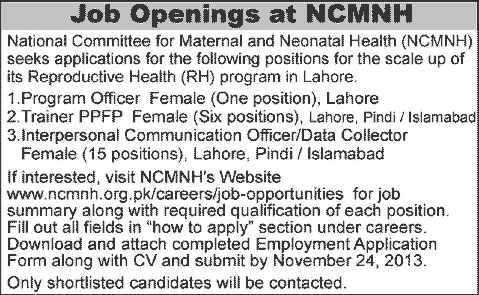 National Committee for Maternal & Neonatal Health (NCMNH) Jobs 2013 November in Reproductive Health (RH)