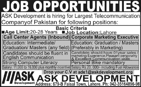 Ask Development Jobs 2013 November in Lahore for Call Center Agents & Corporate Marketing Executive