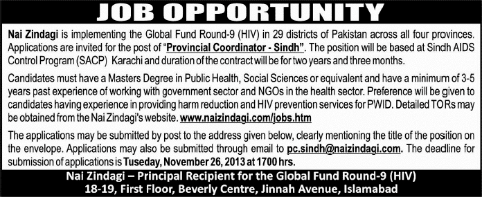 Nai Zindagi (NGO) Sindh AIDS Control Program (SACP) Jobs 2013 November for Provincial Coordinator