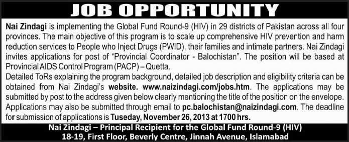 Provincial Coordinator Jobs for Provincial AIDS Control Program (PACP) 2013 November Nai Zindagi