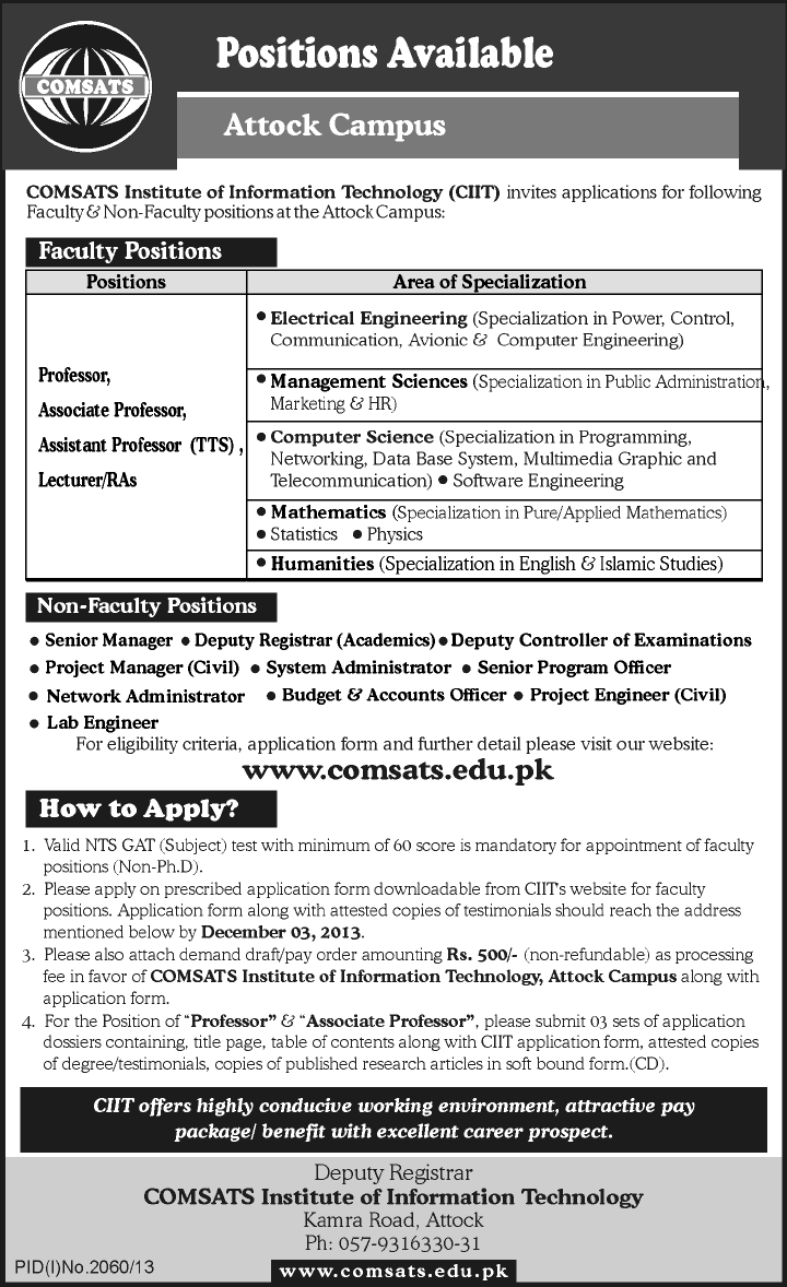 COMSATS Attock Campus Jobs 2013 November for Faculty & Non-Faculty Positions