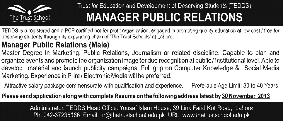 The Trust School - TEDDS Jobs 2013 November for Manager Public Relations