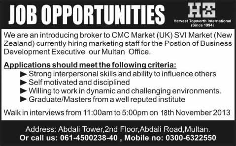 Business Development Executive Jobs in Multan 2013 November Harvest Topworth International (HTI)