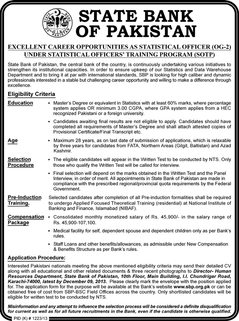 State Bank of Pakistan (SBP) Jobs 2013 November for Statistical Officers under Statistical Officers’ Training Program (SOTP)