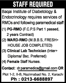 Resident Medical Officer, Lab Technician & Staff Nurses Jobs in Karachi 2013 November Baqai Institute of Diabetology & Endocrinology