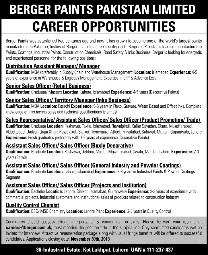 Berger Paints Pakistan Limited Jobs 2013 November Chemist & Marketing / Sales Staff