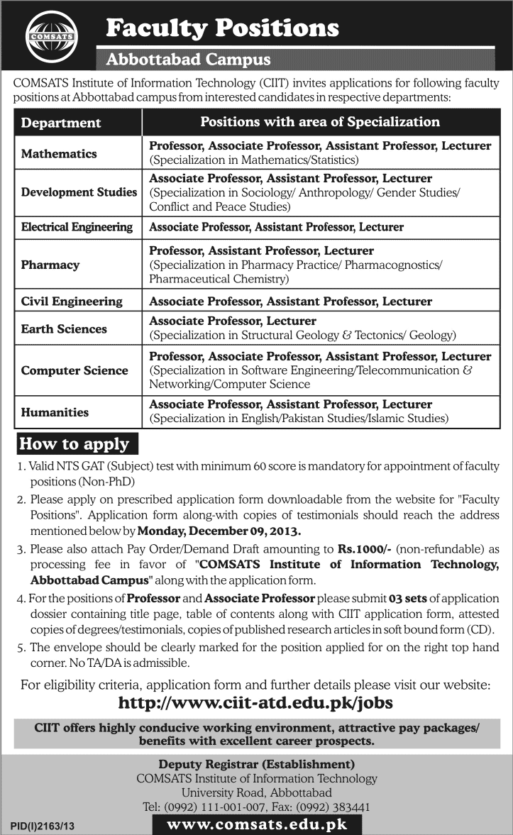COMSATS Abbottabad Campus Jobs November 2013 Teaching Faculty
