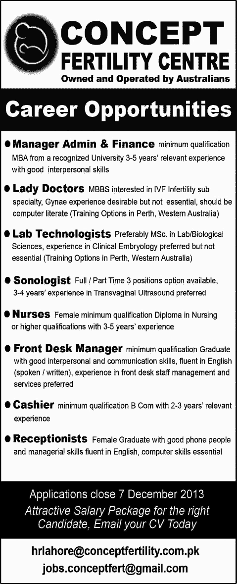 Concept Fertility Centre Lahore Jobs 2013 November Administrative, Medical & Paramedical Positions