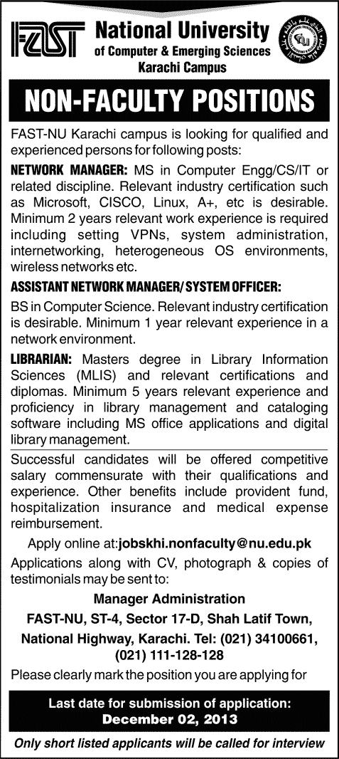 Network Managers & Librarian Jobs in Karachi 2013 November at National University FAST-NU