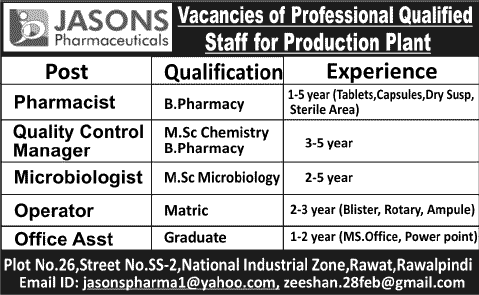 Pharmacists, Microbiologist, Machine Operator & Officer Assistant Jobs 2013 November Jasons Pharmaceuticals