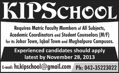 KIPS School Lahore Jobs 2013 November Teaching Faculty, Academic Coordinators & Student Counselors