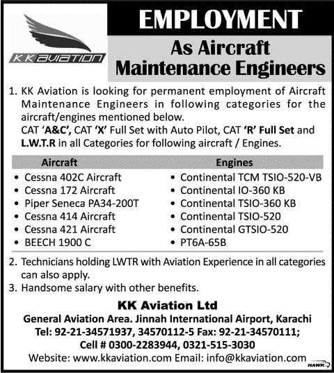 Aircraft Maintenance Engineering Jobs in Karachi 2013 November at KK Aviation Ltd