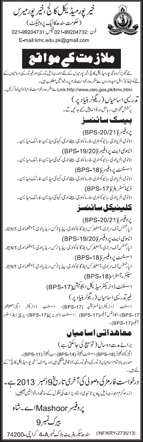 Khairpur Medical College Jobs 2013 November Teaching & Non-Teaching Positions