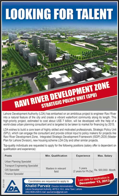 Ravi River Development Zone LDA Lahore Jobs 2013 November Urban Planning, Transport Engineering, GIS & Finance Specialist