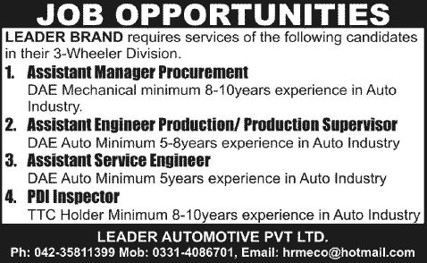 Leader Automotive (Pvt.) Ltd Lahore Jobs 2013 November Mechanical / Automobile Engineers