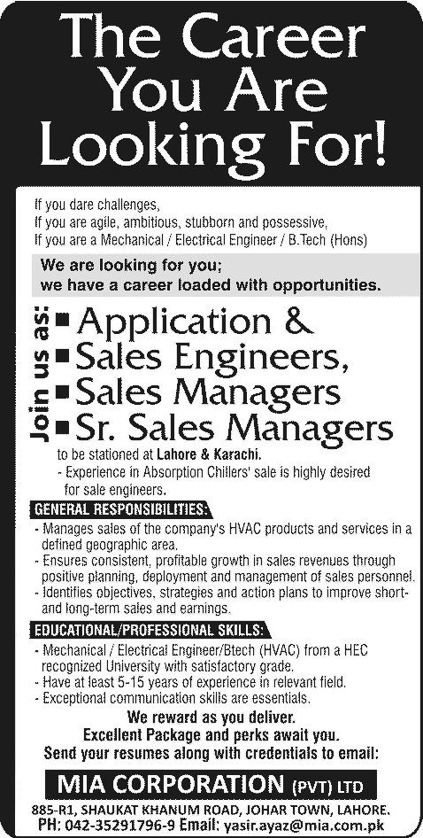 Mia Corporation (Pvt.) Ltd Lahore / Karachi Jobs 2013 November Application & Sales Engineers & Managers