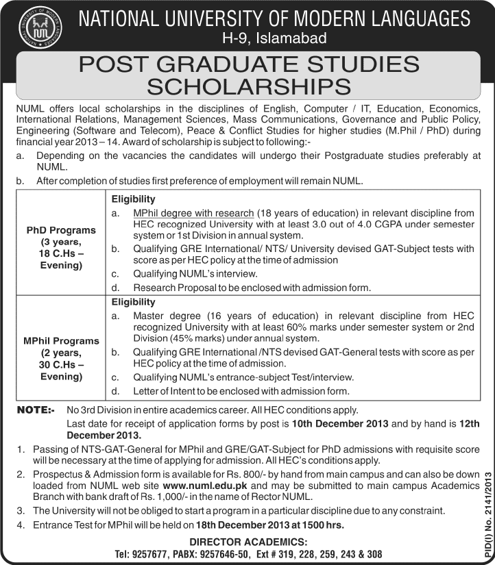 NUML Postgraduate Studies Scholarships 2013-14 National University of Modern Languages