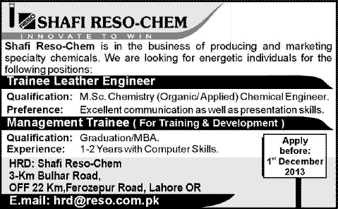 Trainee Leather Engineer & Management Trainee Jobs in Lahore 2013 November Shafi Reso-Chem