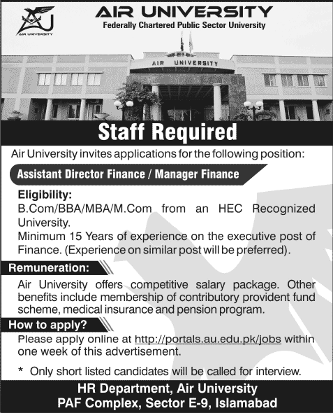 Finance Manager Jobs in Islamabad 2013 November at Air University