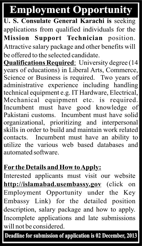 US Consulate Karachi Jobs 2013 November for Mission Support Technician - US Embassy
