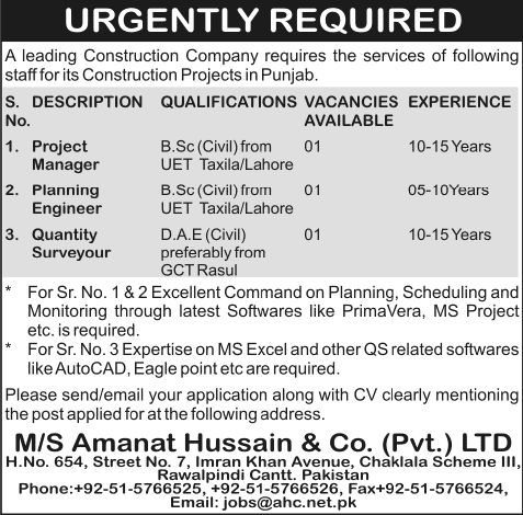 Civil Engineering Jobs in Pakistan 2013 November M/S Amanat Hussain & Co. (Pvt.) Ltd