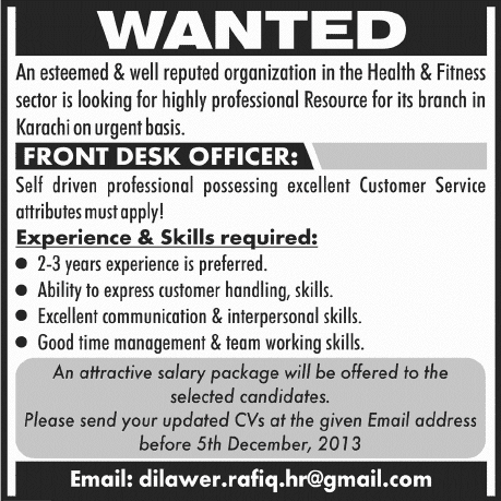 Receptionist Jobs in Karachi 2013 November Health & Fitness Organization