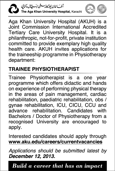 Trainee Physiotherapist Jobs at Aga Khan University Hospital (AKUH) Karachi 2013 December Latest